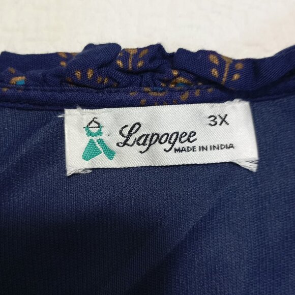 Lapogee Midi Dress Womens Boho 3X Blue Gold Teal Print Elastic Waist Tie Neck - Picture 2 of 11